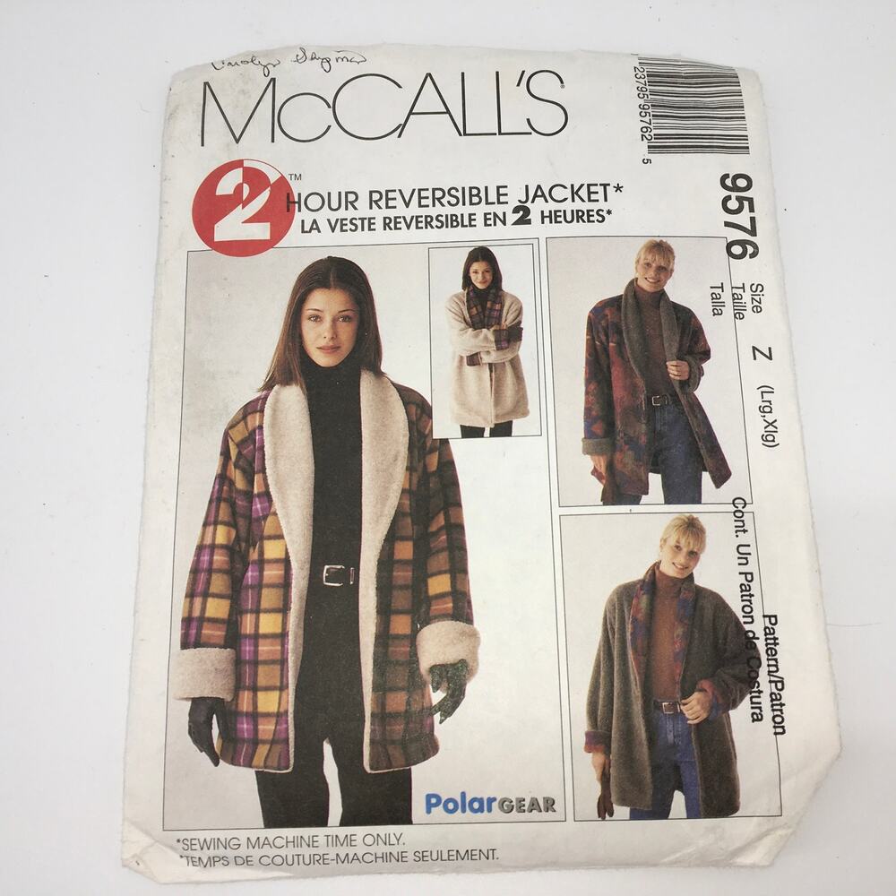 McCalls Sewing Pattern 9576 Misses 2-hour Reversible Winter Coat L-XL 18-22UNCUT